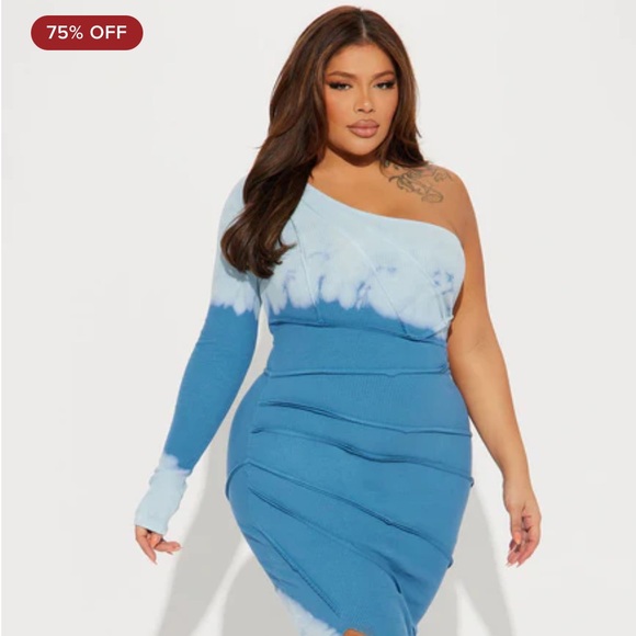 Caught In A Tie Dye Off-Shoulder Midi Dress - Blue/White - Picture 5 of 16